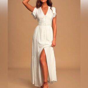 White Swiss dot button-front maxi dress